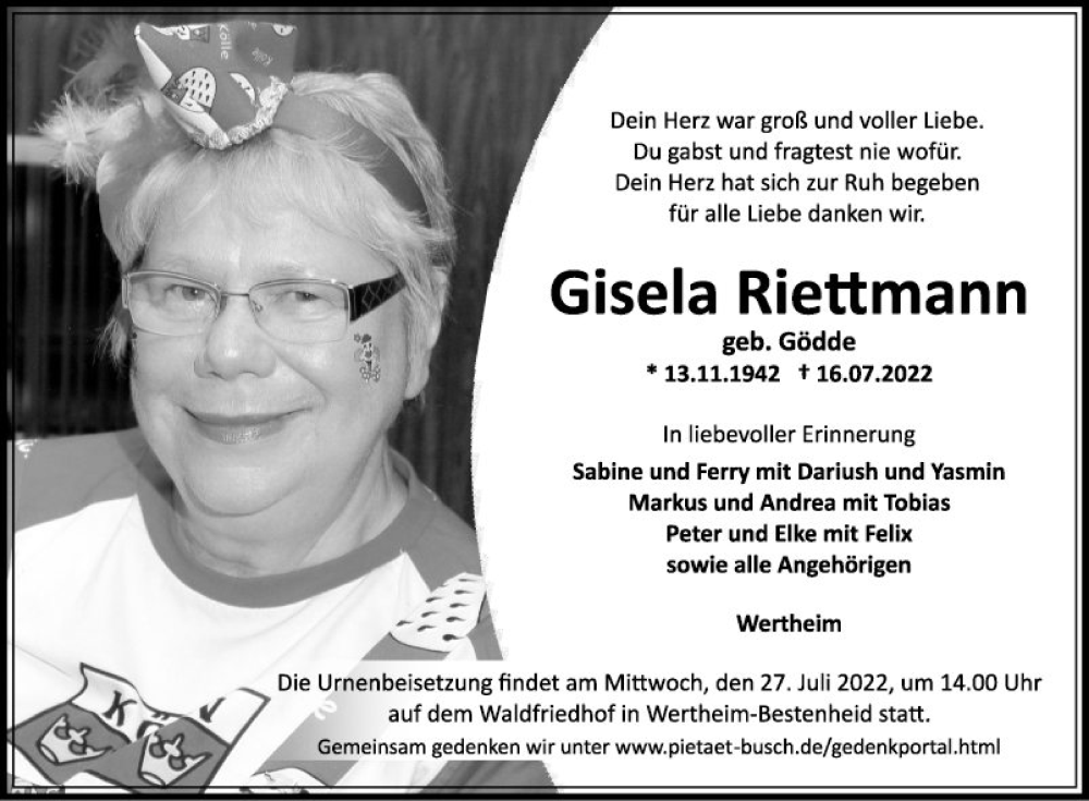  Traueranzeige für Gisela Riettmann vom 23.07.2022 aus Fränkische Nachrichten