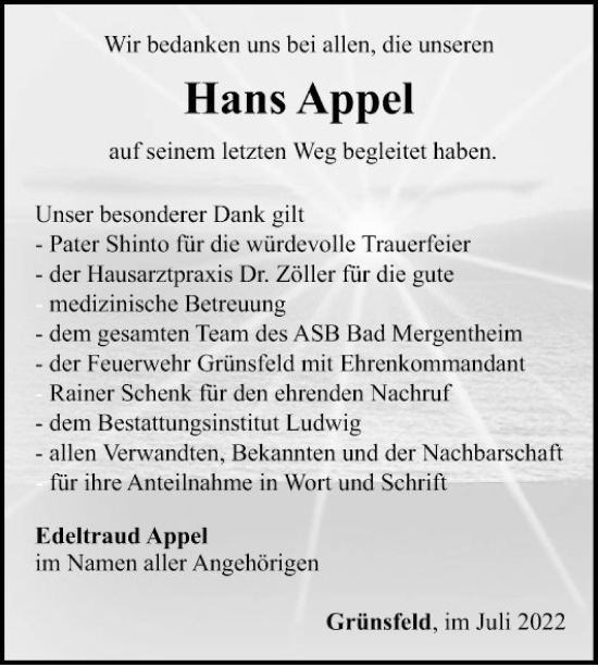Traueranzeige von Hans Appel von Fränkische Nachrichten