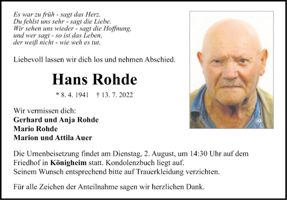  Traueranzeige für Hans Rohde vom 27.07.2022 aus Fränkische Nachrichten