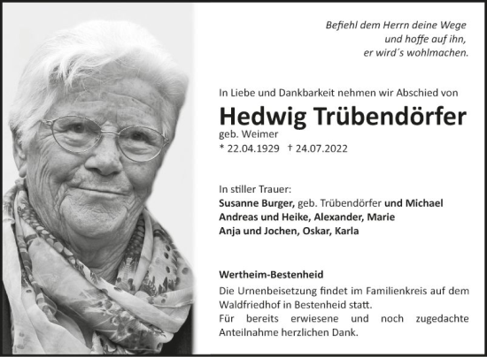 Traueranzeige von Hedwig Trübendörfer von Fränkische Nachrichten