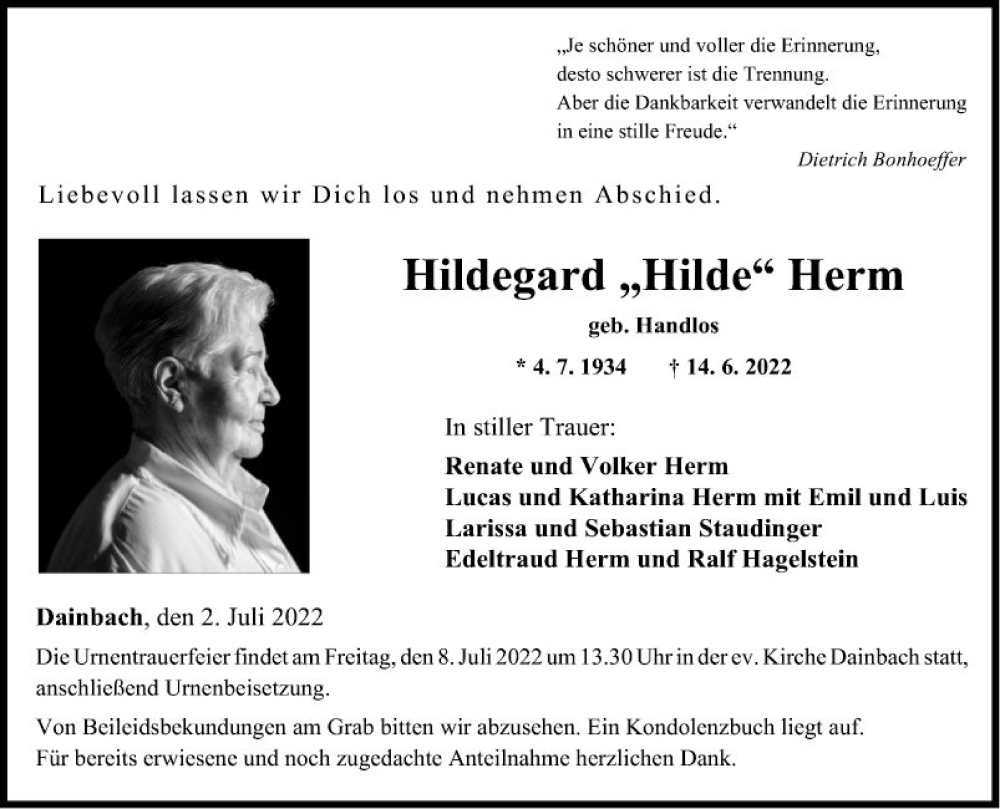  Traueranzeige für Hildegard Herm vom 02.07.2022 aus Fränkische Nachrichten