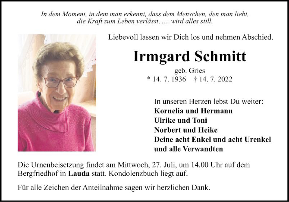  Traueranzeige für Irmgard Schmitt vom 22.07.2022 aus Fränkische Nachrichten