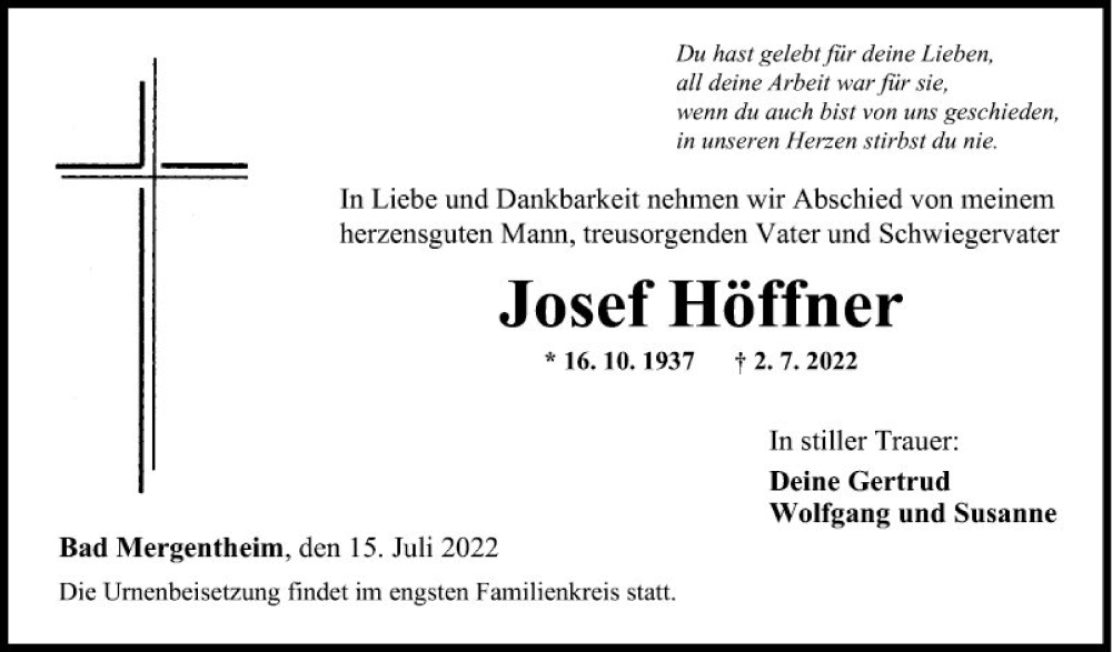  Traueranzeige für Josef Höffner vom 15.07.2022 aus Fränkische Nachrichten