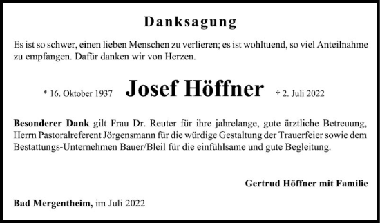 Traueranzeige von Josef Höffner von Fränkische Nachrichten