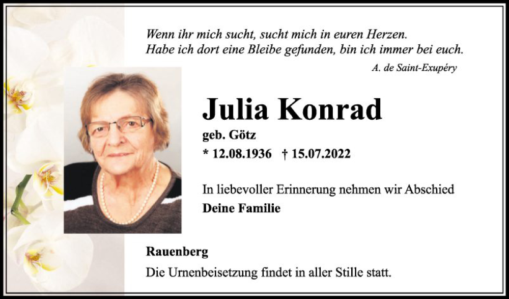  Traueranzeige für Julia Konrad vom 20.07.2022 aus Fränkische Nachrichten