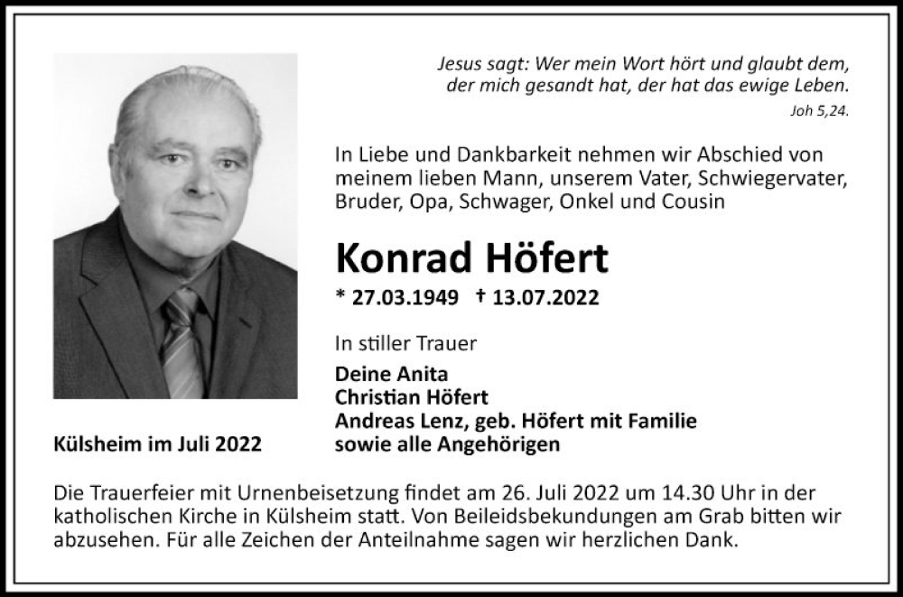  Traueranzeige für Konrad Höfert vom 23.07.2022 aus Fränkische Nachrichten
