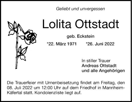 Traueranzeige von Lolita Ottstadt von Mannheimer Morgen