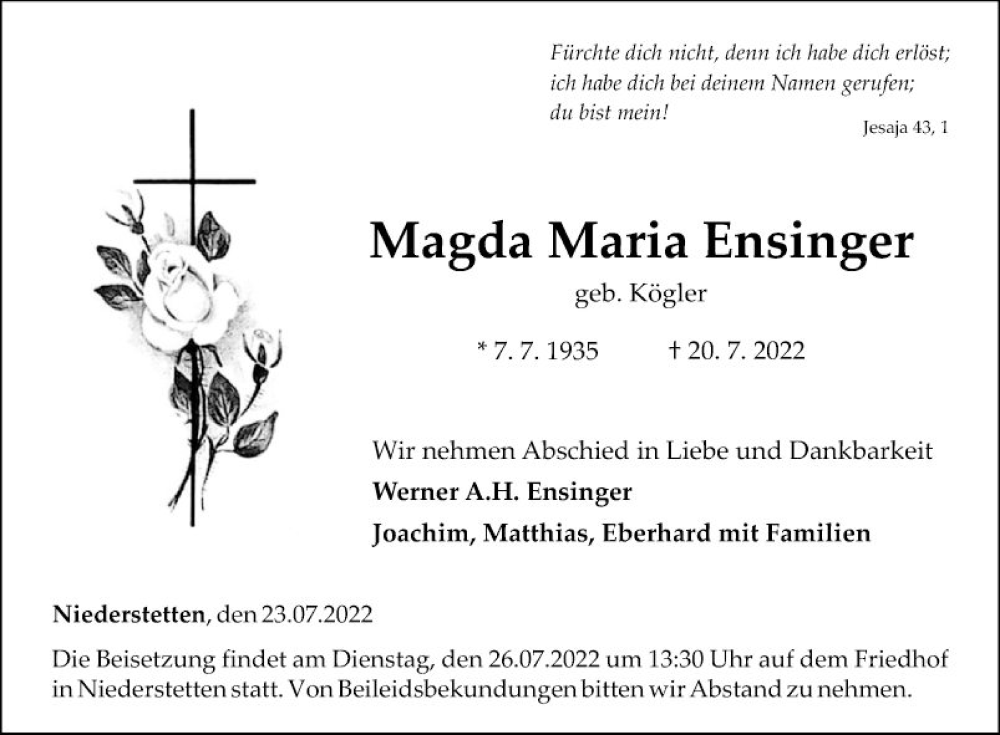  Traueranzeige für Magda Maria Ensinger vom 23.07.2022 aus Fränkische Nachrichten