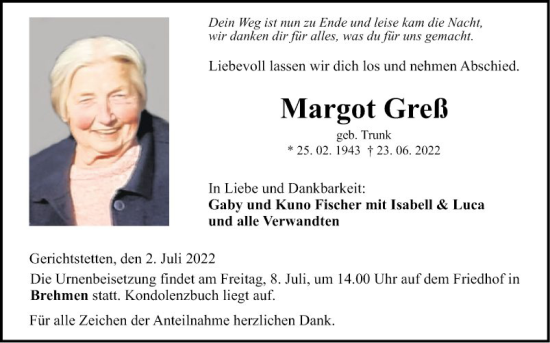 Traueranzeige von Margot Greß von Fränkische Nachrichten