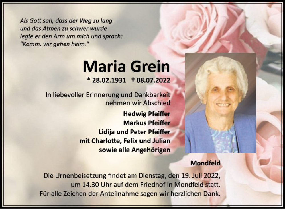  Traueranzeige für Maria Grein vom 16.07.2022 aus Fränkische Nachrichten