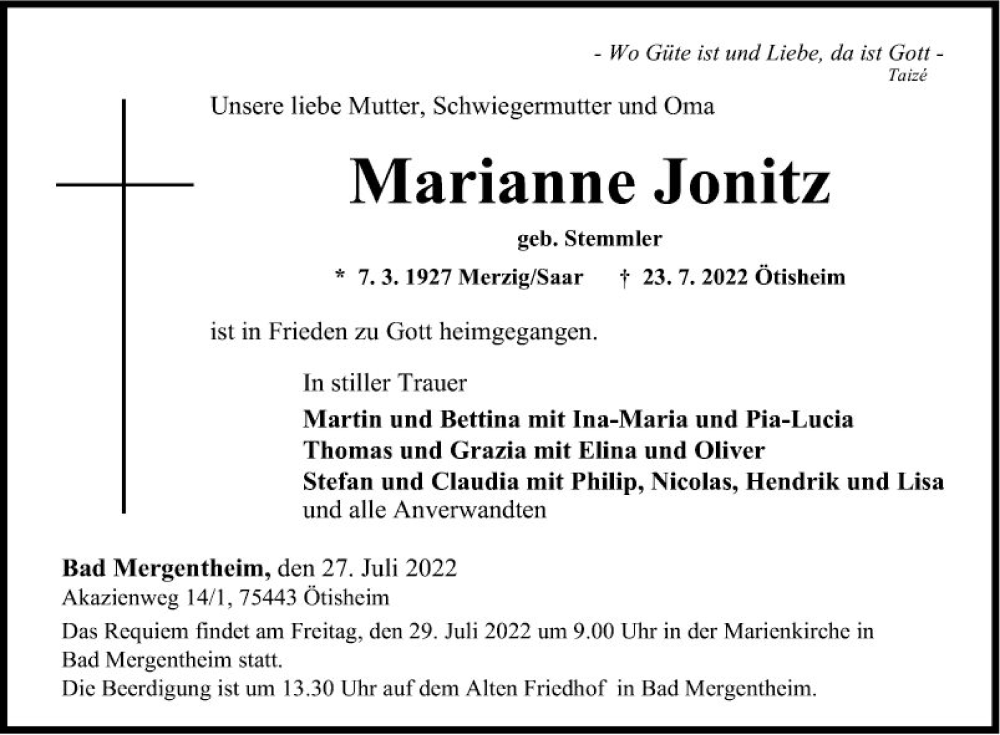  Traueranzeige für Marianne Jonitz vom 27.07.2022 aus Fränkische Nachrichten