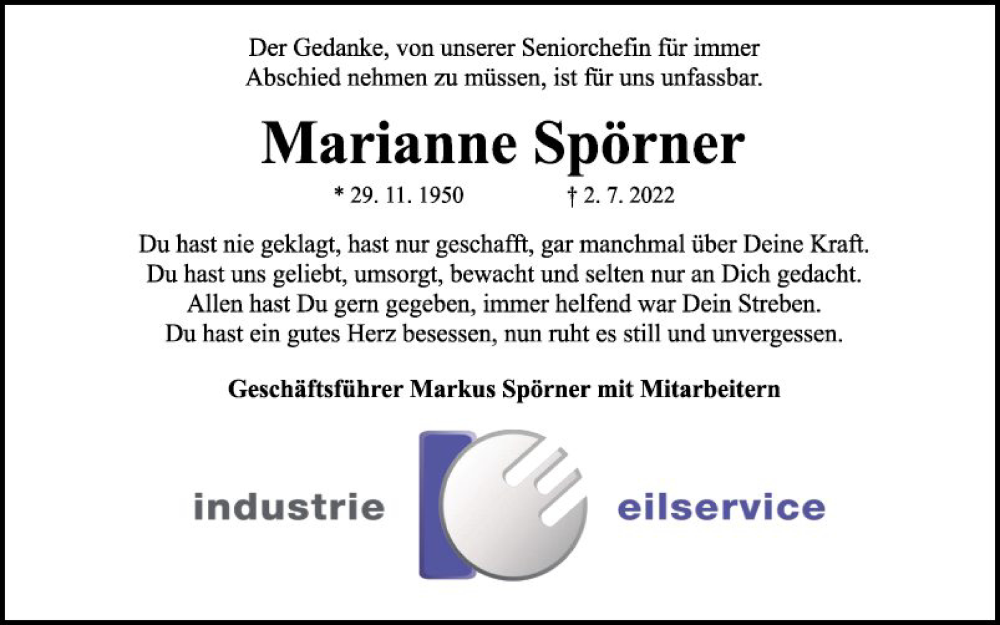  Traueranzeige für Marianne Spörner vom 06.07.2022 aus Fränkische Nachrichten