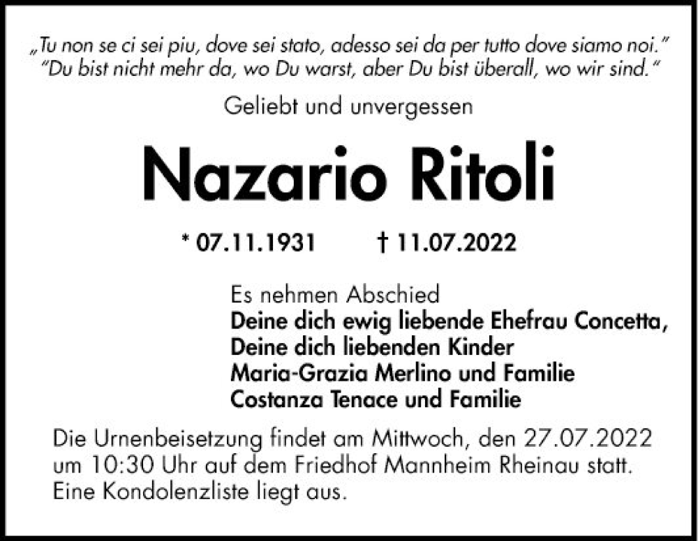  Traueranzeige für Nazario Ritoli vom 23.07.2022 aus Mannheimer Morgen
