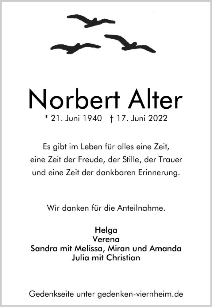  Traueranzeige für Norbert Alter vom 09.07.2022 aus Mannheimer Morgen