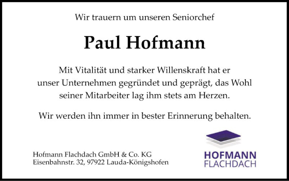  Traueranzeige für Paul Hofmann vom 08.07.2022 aus Fränkische Nachrichten