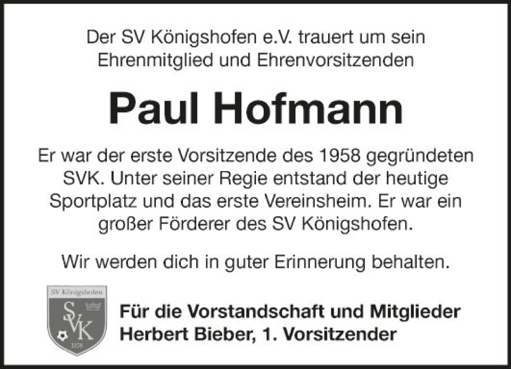  Traueranzeige für Paul Hofmann vom 12.07.2022 aus Fränkische Nachrichten