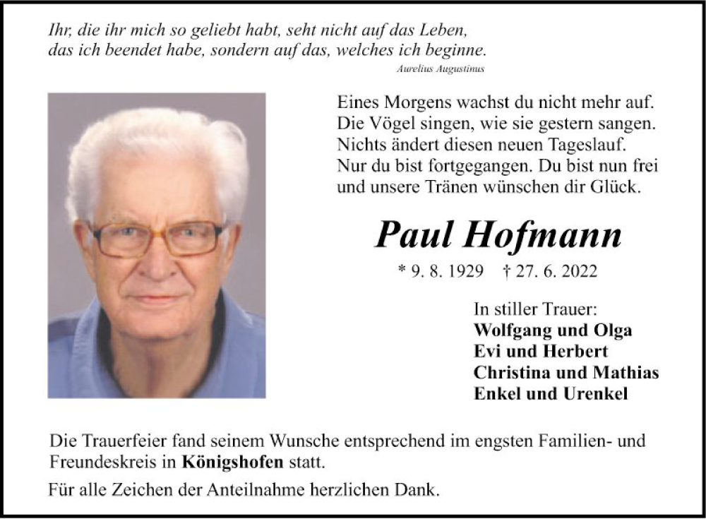  Traueranzeige für Paul Hofmann vom 08.07.2022 aus Fränkische Nachrichten