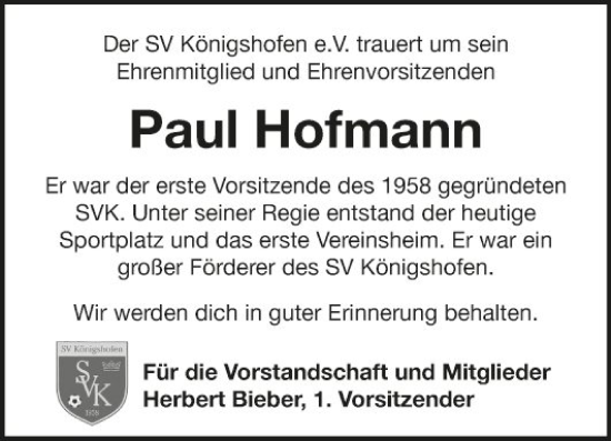 Traueranzeige von Paul Hofmann von Fränkische Nachrichten