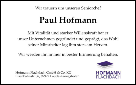Traueranzeige von Paul Hofmann von Fränkische Nachrichten