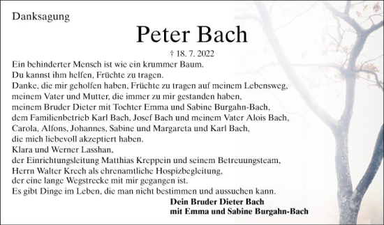 Traueranzeige von Peter Bach von Mannheimer Morgen