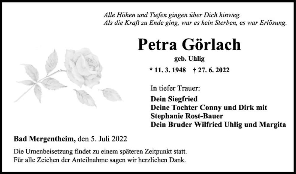  Traueranzeige für Petra Görlach vom 05.07.2022 aus Fränkische Nachrichten
