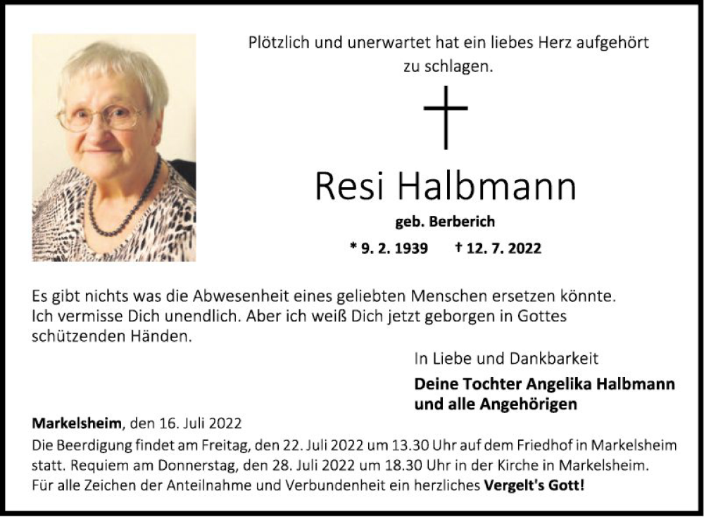  Traueranzeige für Resi Halbmann vom 16.07.2022 aus Fränkische Nachrichten
