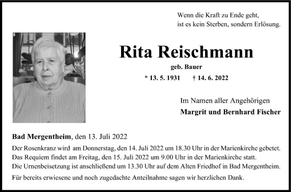  Traueranzeige für Rita Reischmann vom 13.07.2022 aus Fränkische Nachrichten