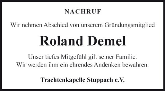 Traueranzeige von Roland Demel von Fränkische Nachrichten