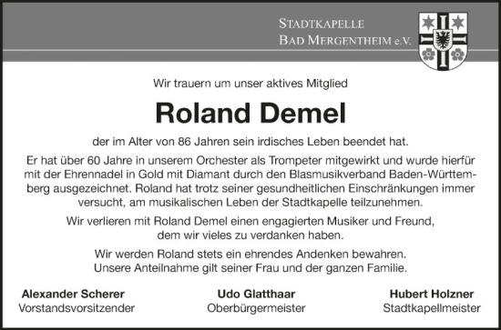 Traueranzeige von Roland Demel von Fränkische Nachrichten