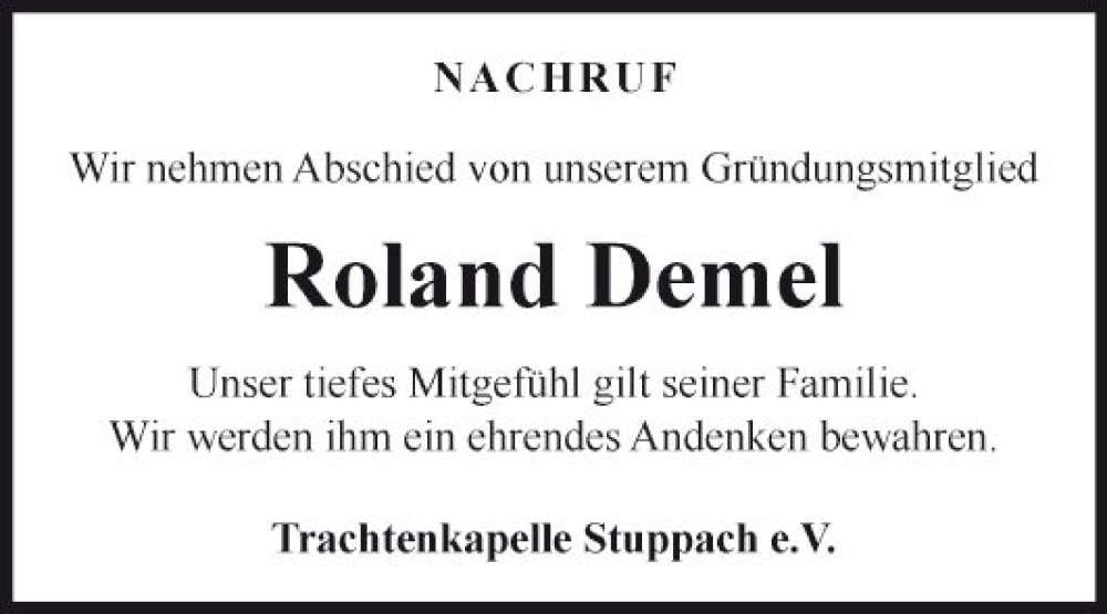  Traueranzeige für Roland Demel vom 14.07.2022 aus Fränkische Nachrichten