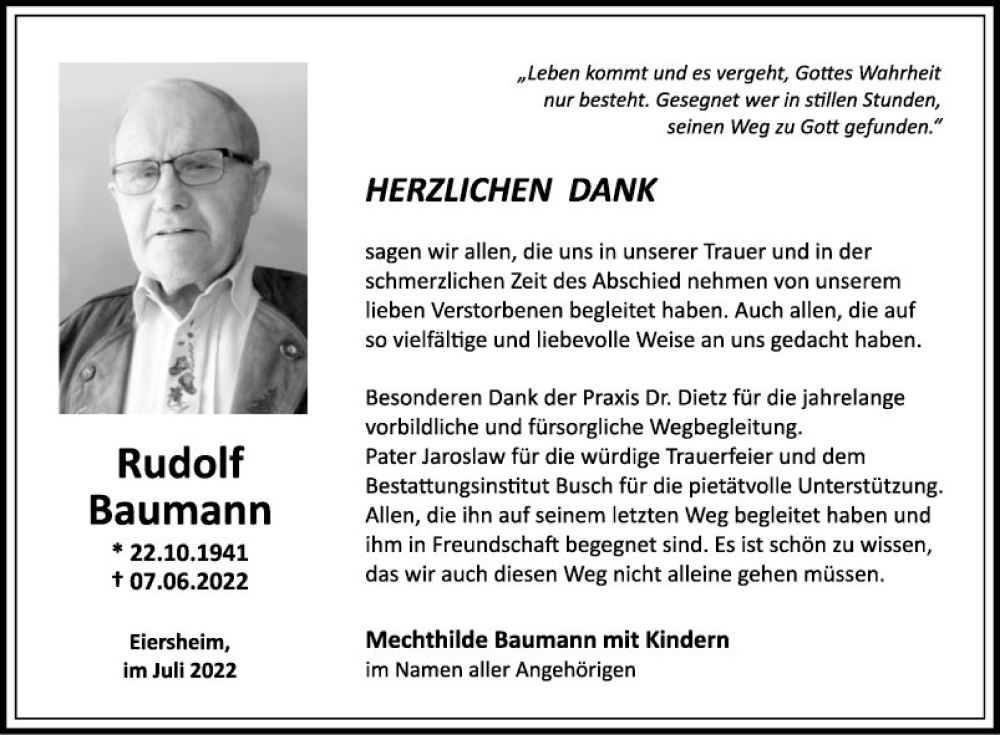  Traueranzeige für Rudolf Baumann vom 09.07.2022 aus Fränkische Nachrichten