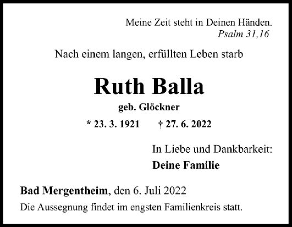  Traueranzeige für Ruth Balla vom 06.07.2022 aus Fränkische Nachrichten