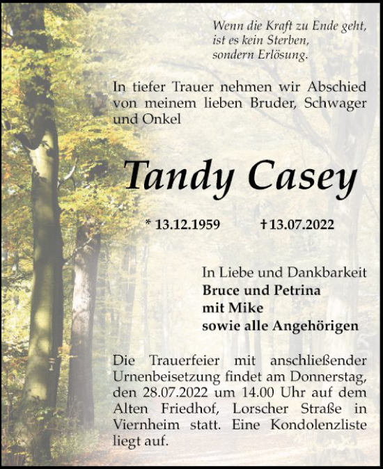 Traueranzeige von Tandy Casey von Mannheimer Morgen