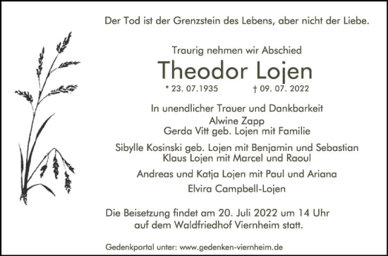 Traueranzeige von Theodor Lojen von Mannheimer Morgen