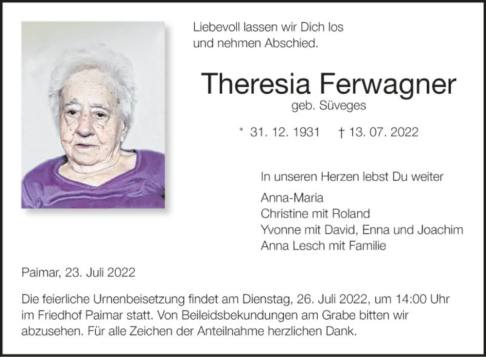  Traueranzeige für Theresia Ferwagner vom 23.07.2022 aus Fränkische Nachrichten
