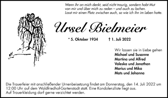 Traueranzeige von Ursel Bielmeier von Mannheimer Morgen