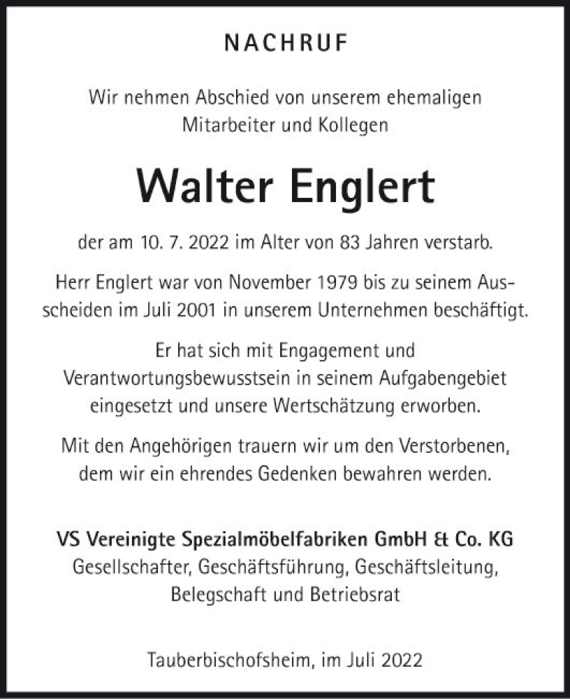  Traueranzeige für Walter Englert vom 23.07.2022 aus Fränkische Nachrichten
