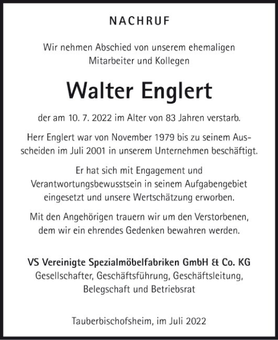 Traueranzeige von Walter Englert von Fränkische Nachrichten