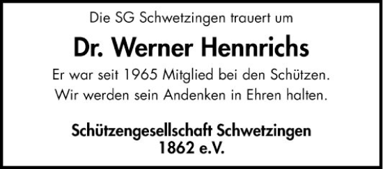 Traueranzeige von Werner Hennrichs von Schwetzinger Zeitung