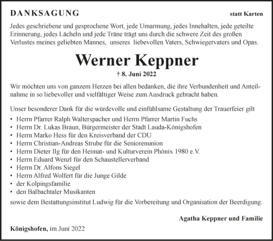 Traueranzeige von Werner Keppner von Fränkische Nachrichten