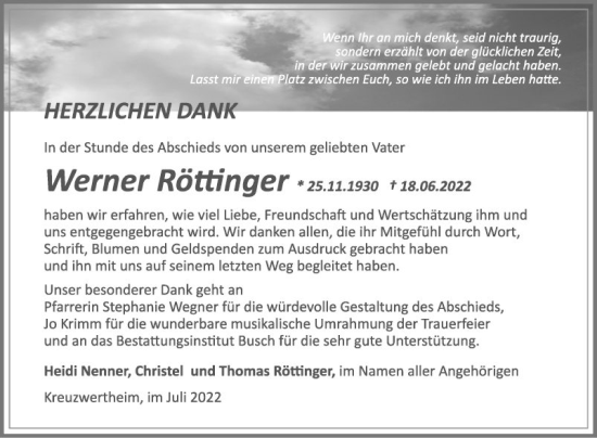 Traueranzeige von Werner Röttinger von Fränkische Nachrichten