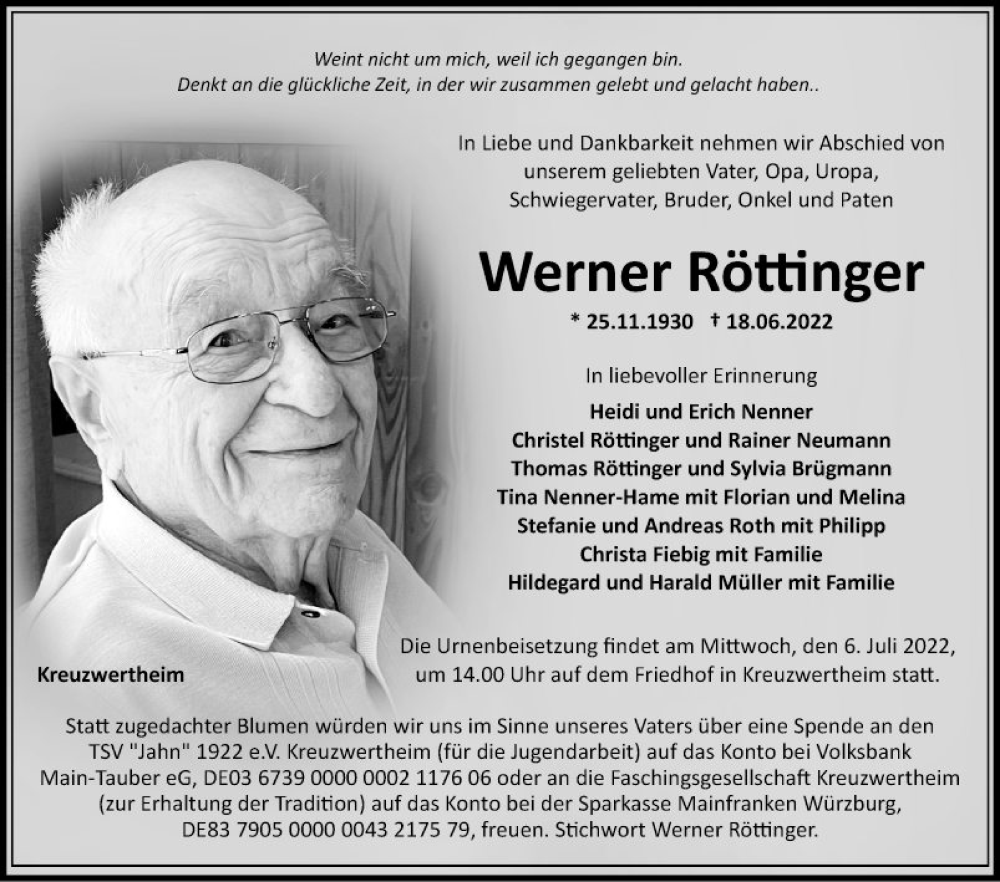  Traueranzeige für Werner Röttinger vom 02.07.2022 aus Fränkische Nachrichten