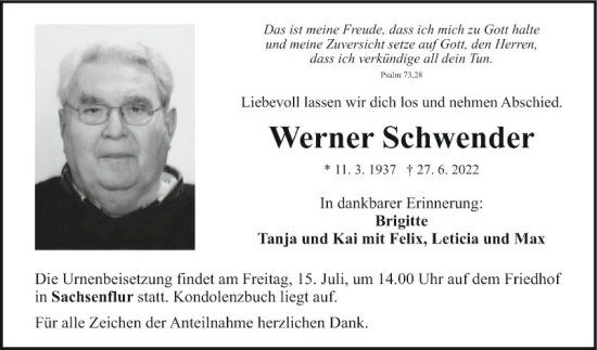 Traueranzeige von Werner Schwender von Fränkische Nachrichten
