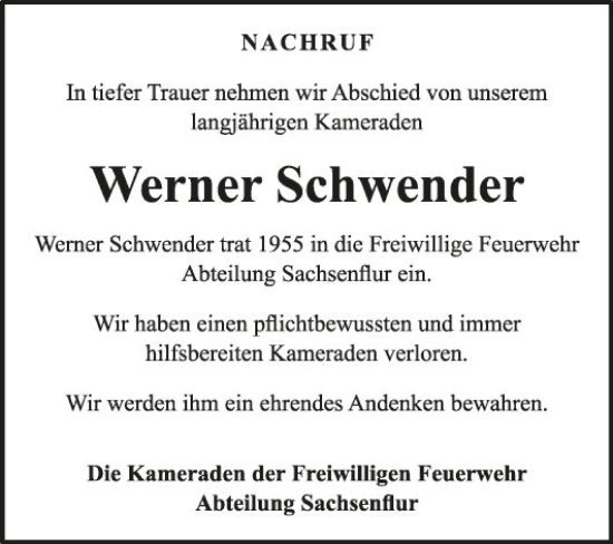Traueranzeige von Werner Schwender von Fränkische Nachrichten