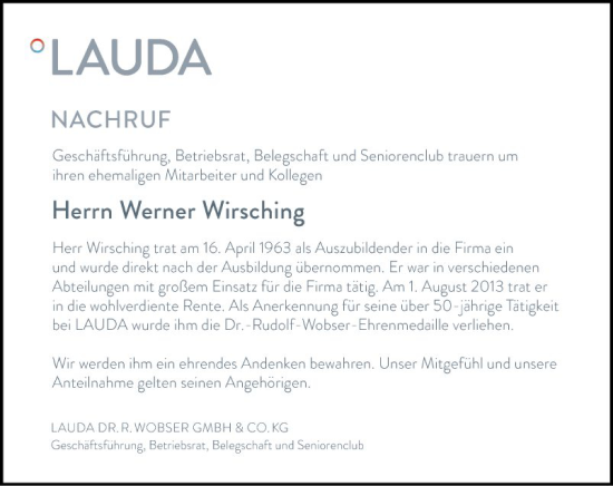 Traueranzeige von Werner Wirsching von Fränkische Nachrichten