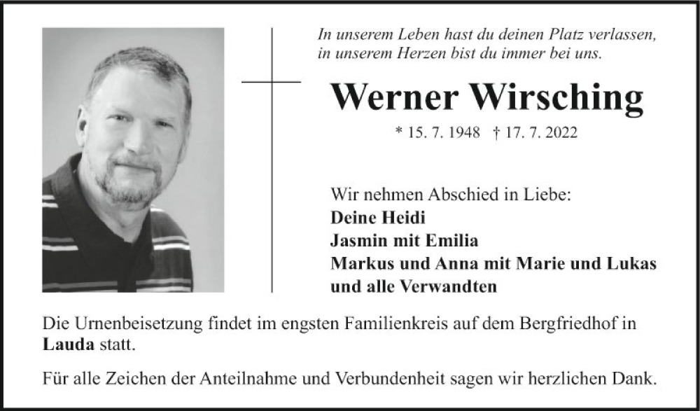  Traueranzeige für Werner Wirsching vom 22.07.2022 aus Fränkische Nachrichten