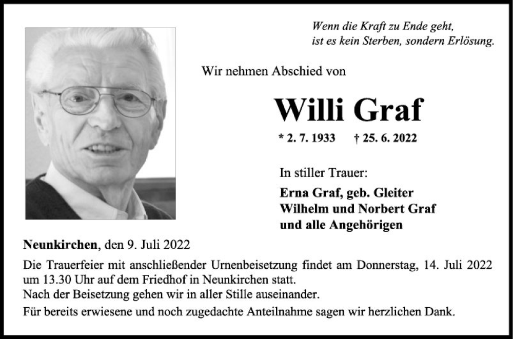  Traueranzeige für Willi Graf vom 09.07.2022 aus Fränkische Nachrichten