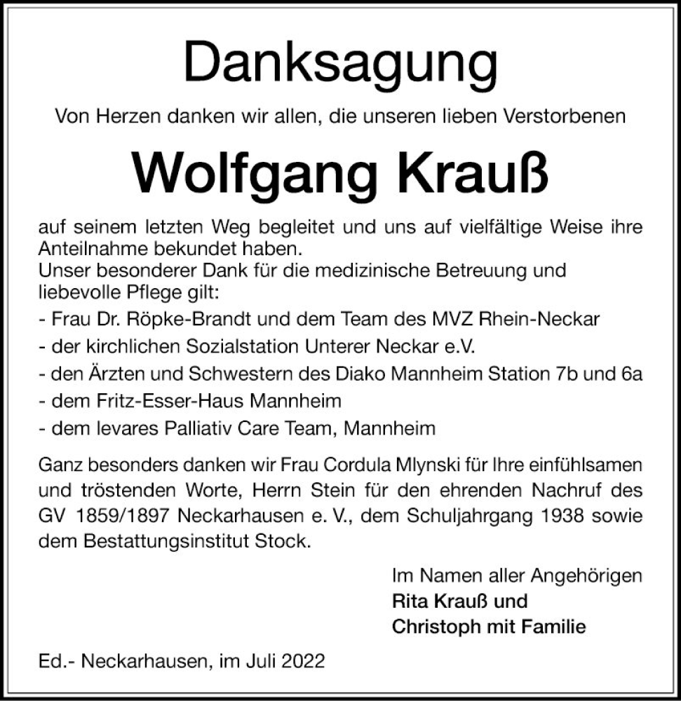  Traueranzeige für Wolfgang Krauß vom 16.07.2022 aus Mannheimer Morgen