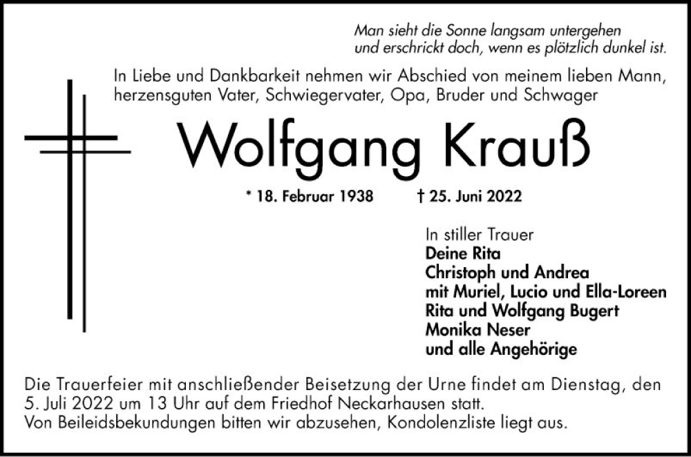  Traueranzeige für Wolfgang Krauß vom 02.07.2022 aus Mannheimer Morgen