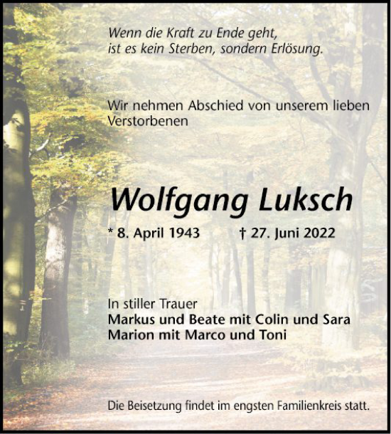 Traueranzeige von Wolfgang Luksch von Mannheimer Morgen